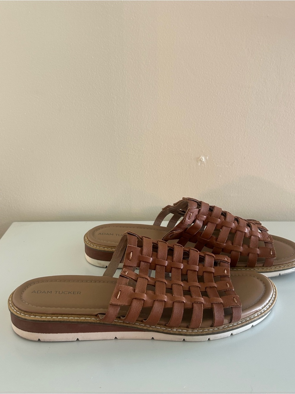 Adam Tucker Brown Woven Leather Slide Sandals